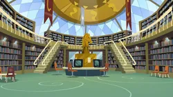 Size: 800x451 | Tagged: safe, artist:anna ewing, artist:anna pujol, official, equestria girls, 3d, background, bookshelf, canterlot high, chair, computer, dome, gameloft, image, jpeg, library, no pony, stairs