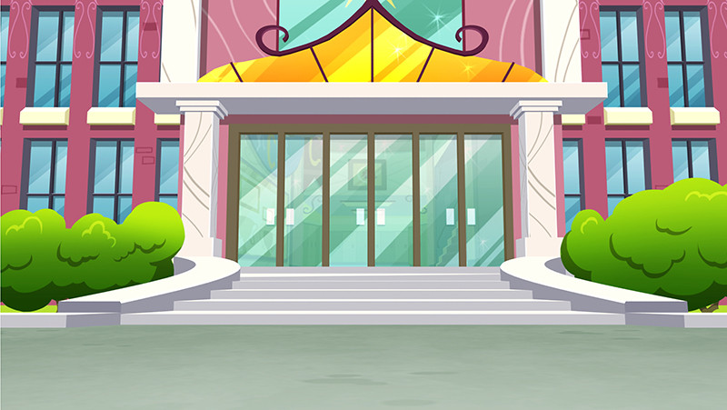 Size: 800x451 | Tagged: safe, artist:anna ewing, artist:anna pujol, official, equestria girls, 3d, background, bush, canterlot high, door, entrance, gameloft, glass door, image, jpeg, no pony, outdoors, stairs, window