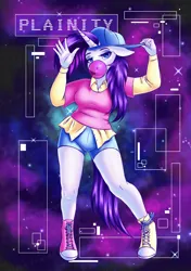 Size: 1748x2480 | Tagged: safe, artist:sweetpea-and-friends, derpibooru import, rarity, anthro, unicorn, alternate hairstyle, backwards ballcap, baseball cap, bubblegum, cap, clothes, disguise, female, floppy ears, food, g4, galaxy, gum, hat, image, looking at you, plainity, png, shoes, shorts, solo, solo female