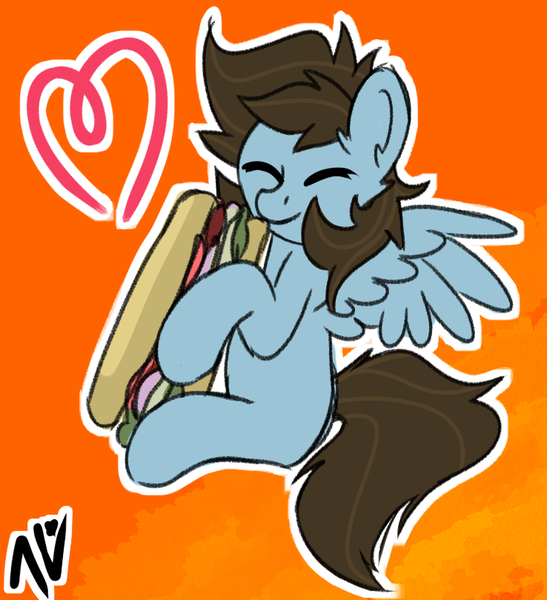 Size: 738x809 | Tagged: safe, artist:nyrikiri, derpibooru import, oc, oc:abris, pegasus, pony, female, food, happy, heart, image, mare, png, sandwich, smiling, solo