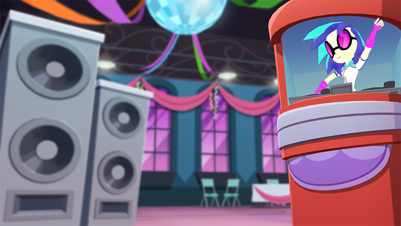 Size: 800x451 | Tagged: safe, artist:anna ewing, artist:anna pujol, official, vinyl scratch, equestria girls, equestria girls (movie), 3d, canterlot high, chair, disco ball, fall formal, gameloft, image, jpeg, night, speakers, table, window