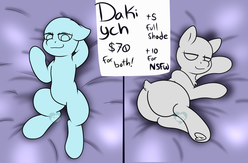 Size: 1787x1178 | Tagged: suggestive, artist:bluemoon, derpibooru import, oc, pony, arm behind head, bed, bedroom eyes, blanket, body pillow, body pillow design, commission, dakimakura cover, duo, fabric, flank, image, laying on bed, lying down, on back, on bed, png, sheet, side, solo, ych example, your character here