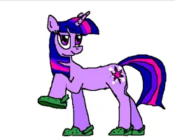 Size: 604x473 | Tagged: safe, artist:subatomicanon, twilight sparkle, pony, unicorn, crocs, female, image, lidded eyes, looking at you, mare, ms paint, png, profile, raised hoof, simple background, smiling at you, solo, twilight crockle, unicorn twilight, white background