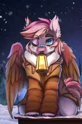 Size: 1360x2048 | Tagged: safe, artist:kirby_orange, derpibooru import, oc, unofficial characters only, pegasus, pony, bandaid, christmas, clothes, cute, ear fluff, ear piercing, female, fur coat, gift art, holiday, image, jacket, lamp, lantern, large wings, mare, one eye closed, piercing, png, scar, secret santa, short hair, sitting, snow, snowfall, solo, stomach, wings, winter outfit