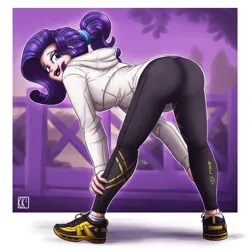 Size: 2250x2250 | Tagged: suggestive, artist:king-kakapo, derpibooru import, rarity, human, equestria girls, 2d, ass, butt, clothes, eyeshadow, female, fingernails, g4, hoodie, image, lipstick, long sleeves, looking at you, looking back, looking back at you, makeup, nail polish, outdoors, pants, png, ponytail, rearity, shoes, socks, solo