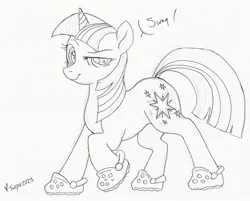 Size: 2910x2334 | Tagged: safe, artist:misstwipietwins, twilight sparkle, pony, unicorn, crocs, female, image, jpeg, lineart, looking at you, mare, monochrome, raised eyebrow, raised hoof, showing off, simple background, sketch, smug, smuglight sparkle, solo, twilight crockle, unicorn twilight, white background
