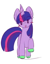 Size: 489x629 | Tagged: safe, artist:violavaquita, twilight sparkle, pony, unicorn, blush sticker, blushing, crocs, female, happy, image, looking at you, mare, open mouth, open smile, png, raised hoof, simple background, smiling, smiling at you, solo, thick horn, twilight crockle, unicorn twilight, white background