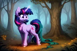 Size: 3072x2048 | Tagged: safe, ai content, derpibooru import, machine learning generated, twilight sparkle, changeling, pony, unicorn, changelingified, cheek fluff, chest fluff, ear fluff, female, forest, g4, image, jpeg, mare, mid-transformation, nature, shocked, solo, species swap, transformation, tree, twiling, unicorn twilight, wrong cutie mark