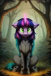 Size: 2048x3072 | Tagged: safe, ai content, derpibooru import, machine learning generated, twilight sparkle, changeling, pony, unicorn, changelingified, cheek fluff, chest fluff, ear fluff, female, floppy ears, forest, g4, image, jpeg, mare, mid-transformation, nature, shocked, solo, species swap, transformation, tree, twiling, unicorn twilight