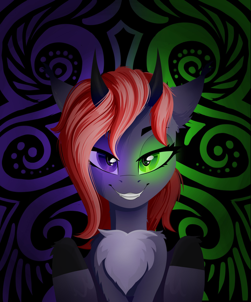 Size: 1800x2160 | Tagged: safe, artist:electric motor, artist:rainbowfire, derpibooru import, oc, oc:кама, unofficial characters only, bat pony, hybrid, pegasus, bicolor wings, fangs, gradient mane, heterochromia, horns, image, looking at you, png, smiling, wings