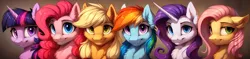 Size: 8704x2048 | Tagged: safe, ai content, derpibooru import, machine learning generated, applejack, fluttershy, pinkie pie, rainbow dash, rarity, twilight sparkle, earth pony, pegasus, pony, unicorn, cheek fluff, chest fluff, ear fluff, female, floppy ears, g4, image, jpeg, looking at you, mane six, mare, simple background, smiling, smiling at you, unicorn twilight, widescreen