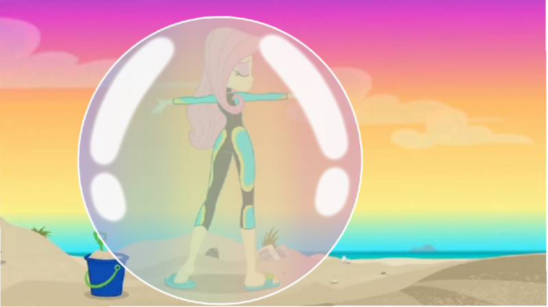 Size: 1188x666 | Tagged: safe, derpibooru import, edit, edited screencap, screencap, fluttershy, human, aww... baby turtles, equestria girls, equestria girls series, beach, bubble, female, image, in bubble, png, sunset