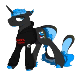 Size: 4312x4252 | Tagged: safe, artist:hrabiadeblacksky, derpibooru import, oc, oc:hrabia de black sky, unofficial characters only, hybrid, original species, pony, unicorn, derpibooru community collaboration, 2024 community collab, black, black hoodie, clothes, correction, hoodie, image, png, shadow company, solo