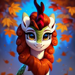 Size: 1024x1024 | Tagged: safe, ai content, derpibooru import, machine learning generated, stable diffusion, autumn blaze, kirin, autumn leaves, bust, derpibooru exclusive, detailed, female, generator:pony diffusion v6 xl, generator:purplesmart.ai, happy, image, leaf, leaves, looking at you, night, png, portrait, solo, solo female