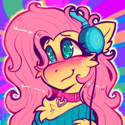 Size: 3500x3500 | Tagged: safe, artist:yumkandie, derpibooru import, fluttershy, pegasus, pony, abstract background, blushing, bust, cheek fluff, chest fluff, clothes, collar, ear fluff, female, freckles, headphones, heart, heart eyes, high res, image, mare, png, smiling, solo, sweat, sweater, swirly eyes, three quarter view, wingding eyes