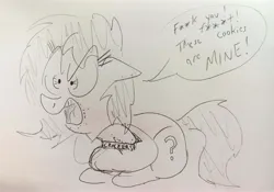 Size: 3883x2717 | Tagged: safe, artist:dhm, derpibooru import, oc, oc:anonfilly, pony, angry, cookie, female, filly, food, image, jpeg, monochrome, sketch, solo, speech bubble, traditional art, vulgar, yelling