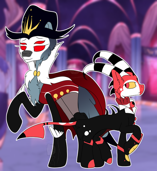Size: 1837x2005 | Tagged: safe, artist:bryony6210, derpibooru import, ponified, demon, demon pony, original species, pony, blitzo buckzo, cape, chest fluff, clothes, colored sclera, crossover, demon horns, ear fluff, four eyes, glow, glowing eyes, hat, helluva boss, horns, image, male, png, spaded tail, stolas (helluva boss), tail, vest, yellow sclera