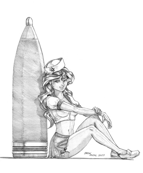 Size: 1100x1327 | Tagged: suggestive, artist:baron engel, derpibooru import, sunset shimmer, human, equestria girls, artillery, ass, belly button, black and white, bunset shimmer, butt, clothes, cutie mark, cutie mark on clothes, cutie mark on equestria girl, female, g4, grayscale, grin, hat, humanized, image, jpeg, looking at you, miniskirt, monochrome, pencil drawing, pinup, sailor hat, sailor uniform, simple background, skirt, smiling, smiling at you, solo, solo female, tight clothing, traditional art, uniform, weapon, white background