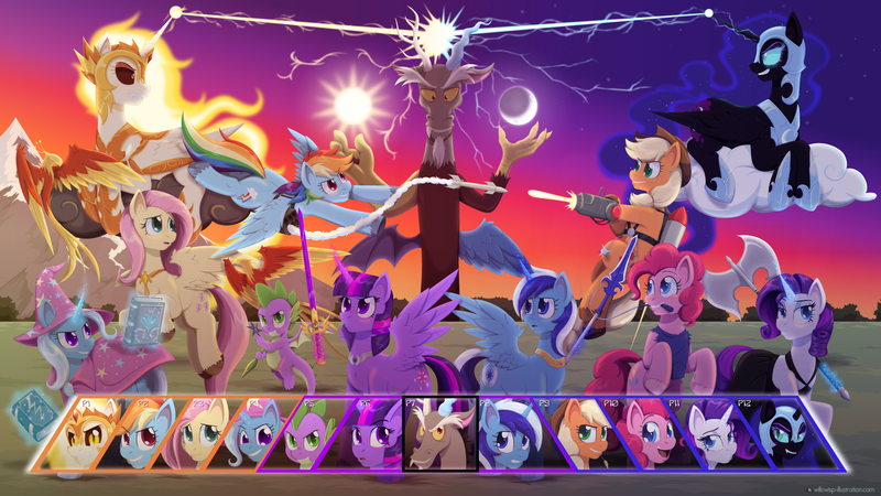 Size: 1920x1080 | Tagged: safe, artist:willoillo, derpibooru import, applejack, daybreaker, discord, fluttershy, minuette, nightmare moon, pinkie pie, rainbow dash, rarity, spike, trixie, twilight sparkle, alicorn, earth pony, pegasus, phoenix, unicorn, axe, commission, emotes, image, jetpack, missile, png, spear, sword, weapon