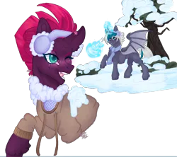 Size: 2325x2063 | Tagged: safe, artist:nightbootypaw, derpibooru import, tempest shadow, oc, oc:elizabat stormfeather, alicorn, bat pony, bat pony alicorn, pony, unicorn, alicorn oc, bat pony oc, bat wings, blushing, broken horn, bush, canon x oc, clothes, commission, curved horn, cute, duo, earmuffs, eye scar, facial scar, female, glow, glowing horn, horn, image, jacket, lesbian, magic, mare, one eye closed, open mouth, png, scar, scarf, shipping, snow, snowball, snowball fight, stormshadow, tempestbetes, tree, unshorn fetlocks, wings, winter, ych result