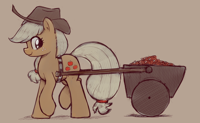 Size: 1894x1173 | Tagged: safe, artist:whiskeypanda, derpibooru import, applejack, earth pony, pony, apple, applejack's hat, cart, cowboy hat, doodle, food, g4, hat, image, looking back, png, pulling, sketch, solo, stetson, walking