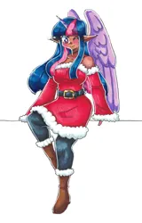 Size: 1862x2902 | Tagged: safe, artist:mylittleyuri, derpibooru import, twilight sparkle, human, bare shoulders, boots, breasts, busty twilight sparkle, christmas, clothes, colored pencil drawing, costume, dress, elf ears, female, high res, holiday, horn, horned humanization, humanized, image, leggings, looking at you, moderate dark skin, one eye closed, png, santa costume, santa dress, shoes, simple background, smiling, smiling at you, solo, traditional art, white background, winged humanization, wings, wink, winking at you
