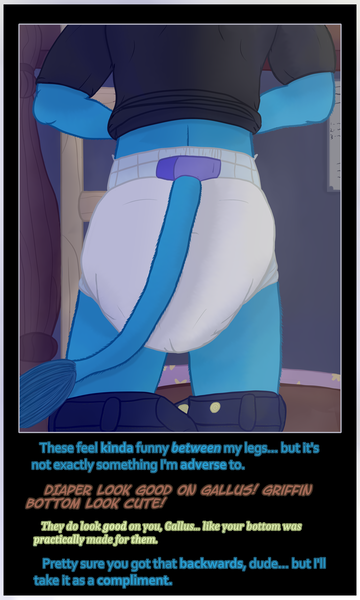 Size: 4082x6809 | Tagged: questionable, artist:wayward pony, derpibooru import, gallus, anthro, adult diaper, ass, bed, bottomless, bunk bed, butt, clothes, dark, dialogue, diaper, diaper butt, diaper fetish, diaper slave, diaper training, enthusiasm, fetish, g4, high res, image, implied bisexual, implied polyamory, implied sandbar, implied shipping, implied yona, ladder, leaning forward, light, non-baby in diaper, offscreen character, older, pants, pants down, partial nudity, png, rear view, school of friendship, submissive, unpotty training, willing