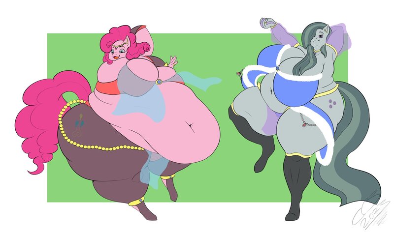 Size: 2048x1214 | Tagged: questionable, artist:cheekipeach, derpibooru import, marble pie, pinkie pie, anthro, earth pony, unguligrade anthro, belly, belly button, belly dance, belly dancer outfit, big belly, big breasts, breasts, busty marble pie, busty pinkie pie, dancing, duo, duo female, fat, female, huge belly, huge breasts, image, impossibly large breasts, jpeg, marble pudge, obese, open mouth, open smile, pinkie thighs, pudgy pie, siblings, sisters, smiling, thighs, thunder thighs