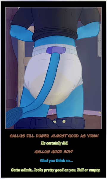 Size: 4082x6809 | Tagged: questionable, artist:wayward pony, derpibooru import, gallus, anthro, adult diaper, ass, bed, bottomless, bunk bed, butt, clothes, dark, dialogue, diaper, diaper butt, diaper fetish, diaper slave, diaper training, enthusiasm, fetish, full diaper, g4, good boy, high res, image, implied bisexual, implied polyamory, implied sandbar, implied shipping, implied yona, ladder, leaning forward, light, messy diaper, non-baby in diaper, nudity, offscreen character, older, pants, pants down, partial nudity, peeing in diaper, pissing, png, poop, pooping, poopy diaper, praise, rear view, school of friendship, submissive, unpotty training, urine, used diaper, using diaper, wet diaper, wetting, willing