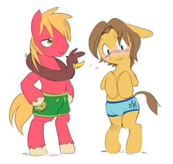 Size: 850x807 | Tagged: safe, artist:ende26, color edit, derpibooru import, edit, big macintosh, caramel, earth pony, pony, semi-anthro, blushing, clothes, colored, cute, cutie mark, cutie mark on clothes, duo, duo male, embarrassed, g4, gay, image, inner tube, macabetes, male, partial nudity, png, pool toy, ship:caramac, shipping, shorts, simple background, stallion, swimming trunks, swimsuit, topless, white background