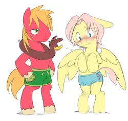 Size: 850x807 | Tagged: safe, alternate version, artist:ende26, color edit, derpibooru import, edit, big macintosh, fluttershy, earth pony, pegasus, pony, semi-anthro, adorascotch, blushing, butterscotch, clothes, colored, cute, cutie mark, cutie mark on clothes, duo, duo male, embarrassed, female, fluttermac, g4, gay, half r63 shipping, image, inner tube, macabetes, male, partial nudity, png, pool toy, rule 63, ship:buttermac, shipping, shorts, simple background, stallion, straight, swimming trunks, swimsuit, topless, white background