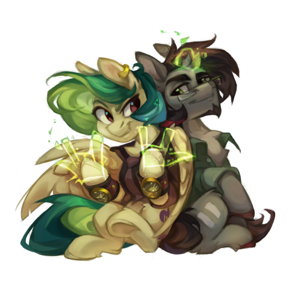 Size: 2330x2322 | Tagged: safe, artist:feelinnglad, derpibooru import, oc, oc:jackass (nickel jack), oc:mojito lush, pegasus, pony, unicorn, derpibooru community collaboration, 2024 community collab, broken horn, chest fluff, clothes, hand, horn, image, magic, magic hands, png