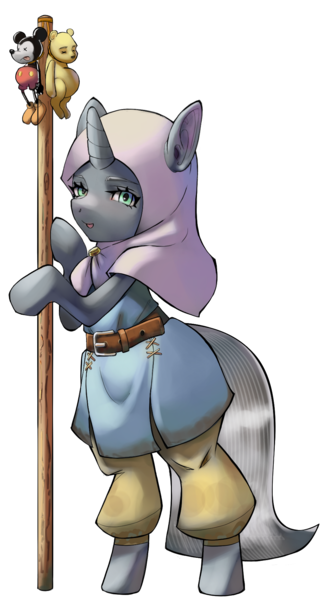 Size: 976x1792 | Tagged: safe, artist:tehwatever, derpibooru import, oc, unnamed oc, unofficial characters only, unicorn, derpibooru community collaboration, 2024 community collab, belt, clothes, headscarf, hijab, image, mickey mouse, pants, png, pole, scarf, simple background, solo, transparent background, tunic, winnie the pooh