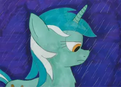 Size: 6822x4945 | Tagged: safe, artist:dhm, derpibooru import, lyra heartstrings, pony, image, jpeg, looking down, marker drawing, pen drawing, profile, rain, sad, simple background, solo, traditional art