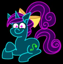 Size: 645x651 | Tagged: safe, artist:threetwotwo32232, derpibooru import, oc, oc:ultra violet, unofficial characters only, pony, unicorn, black background, bow, female, glow, hair bow, image, looking at you, lying down, mare, neon, png, ponytail, prone, simple background, solo