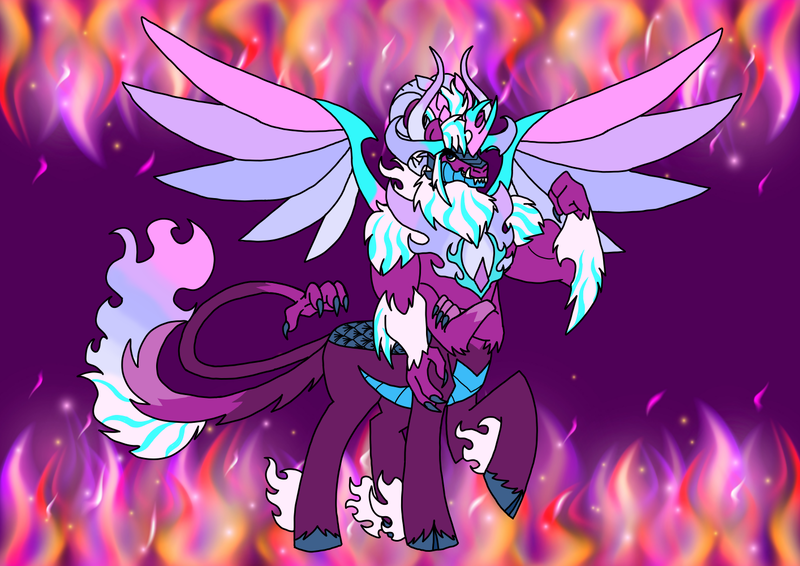 Size: 1414x1000 | Tagged: safe, artist:zetikoopa, derpibooru import, centaur, taur, g5, alexandrite arcane, amalgamation, female to male, fire, image, male, multiple arms, multiple tails, opaline arcana, png, rule 63, species swap, tail