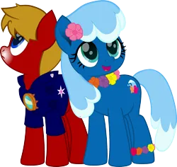 Size: 1500x1415 | Tagged: safe, derpibooru import, oc, earth pony, pony, derpibooru community collaboration, 2024 community collab, clothes, duo, female, image, lei, male, mare, png, simple background, stallion, transparent background, vector, vest