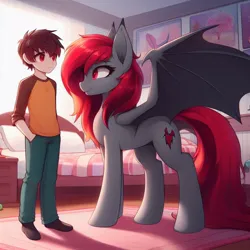 Size: 1024x1024 | Tagged: safe, ai content, ponerpics import, oc, bat pony, human, hybrid, bat pony oc, bat wings, bedroom, child, female, image, jpeg, male, mother and child, mother and son, offspring, painting, red and black oc, red eyes, wings