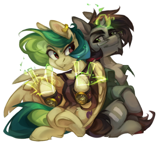 Size: 2108x1893 | Tagged: safe, artist:feelinnglad, derpibooru import, oc, oc:jackass (nickel jack), oc:mojito lush, pegasus, pony, unicorn, derpibooru community collaboration, 2024 community collab, broken horn, chest fluff, clothes, duo, hand, horn, image, magic, magic hands, png, simple background, transparent background