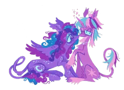 Size: 2000x1448 | Tagged: safe, artist:webkinzworldz, derpibooru import, princess luna, twilight sparkle, classical unicorn, pony, unicorn, alternate color palette, alternate design, alternate hairstyle, cloven hooves, duo, female, horn, image, jewelry, leonine tail, lesbian, necklace, png, requested art, ship:twiluna, shipping, simple background, tail, transparent background, unicorn twilight, unshorn fetlocks