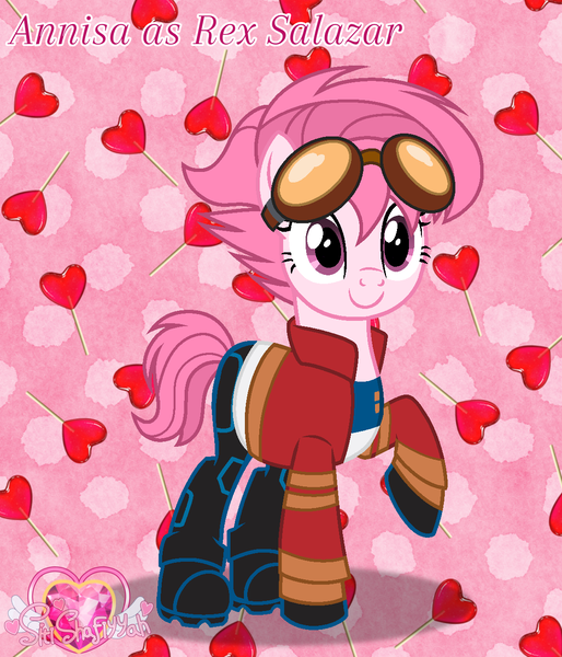 Size: 1127x1315 | Tagged: safe, artist:muhammad yunus, derpibooru import, oc, oc:annisa trihapsari, unofficial characters only, earth pony, pony, series:the guardian of leadership, base used, clothes, crossover, generator rex, glow, glowing horn, goggles, goggles on head, heart, horn, image, jacket, pants, pink background, png, rex salazar, shoes, show accurate, simple background, skirt, smiling, solo, text, watermark