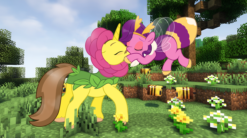 Size: 1920x1080 | Tagged: safe, artist:brianblackberry, artist:grapefruit-face, derpibooru import, edit, pipp, pipp petals, oc, oc:grapefruit face, bee, bee pony, insect, original species, pony, unicorn, g5, bumblebipp, canon x oc, duo, eyes closed, female, floating, flower, flower costume, grapepipp, hooves on face, image, kissing, male, minecraft, pipp is short, pipp is smol, png, shipping, straight, tree