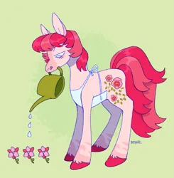 Size: 1157x1183 | Tagged: safe, artist:beyhr, derpibooru import, oc, oc:pink orchid, unofficial characters only, earth pony, pony, apron, clothes, female, flower, green background, image, mare, mouth hold, png, simple background, solo, unshorn fetlocks, watering, watering can