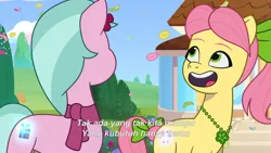 Size: 3072x1727 | Tagged: safe, derpibooru import, screencap, posey (g5), earth pony, pony, g5, my little pony: tell your tale, spoiler:g5, spoiler:my little pony: tell your tale, spoiler:tyts02e01, dahlia, dahlia (g5), duo, duo female, female, glowing cutie mark, icy prints, image, indonesian, jpeg, mare, open mouth, open smile, smiling, subtitles