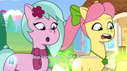 Size: 3072x1727 | Tagged: safe, derpibooru import, screencap, posey (g5), earth pony, pony, g5, my little pony: tell your tale, spoiler:g5, spoiler:my little pony: tell your tale, spoiler:tyts02e01, :o, dahlia, duo, duo female, earth pony magic, female, glow, glowing cutie mark, glowing hooves, icy prints, image, indonesian, jpeg, magic, mare, open mouth, subtitles