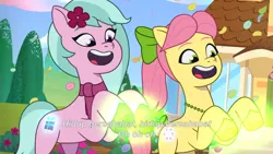 Size: 3072x1727 | Tagged: safe, derpibooru import, screencap, posey (g5), earth pony, pony, g5, my little pony: tell your tale, spoiler:g5, spoiler:my little pony: tell your tale, spoiler:tyts02e01, dahlia, duo, duo female, earth pony magic, female, glow, glowing cutie mark, glowing hooves, icy prints, image, indonesian, jpeg, magic, mare, open mouth, open smile, smiling, subtitles