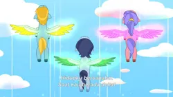 Size: 3072x1727 | Tagged: safe, derpibooru import, screencap, unnamed character, pegasus, pony, g5, my little pony: tell your tale, spoiler:g5, spoiler:my little pony: tell your tale, spoiler:tyts02e01, female, flying, glow, glowing wings, icy prints, image, indonesian, jpeg, male, mare, spread wings, stallion, subtitles, trio, wings