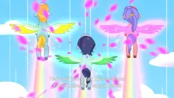 Size: 3072x1727 | Tagged: safe, derpibooru import, screencap, unnamed character, pegasus, pony, g5, my little pony: tell your tale, spoiler:g5, spoiler:my little pony: tell your tale, spoiler:tyts02e01, female, flying, glow, glowing wings, icy prints, image, indonesian, jpeg, male, mare, rainbow trail, spread wings, stallion, subtitles, trio, wings