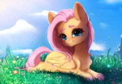Size: 2606x1800 | Tagged: safe, artist:miokomata, derpibooru import, fluttershy, pegasus, pony, colored hooves, cute, female, freckles, freckleshy, frog (hoof), g4, grass, high res, image, looking at you, lying down, mare, png, prone, shyabetes, smiling, smiling at you, smol, solo, sploot, underhoof