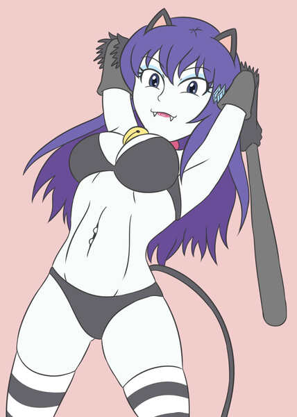 Size: 1981x2775 | Tagged: suggestive, artist:sumin6301, derpibooru import, rarity, cat, human, equestria girls, alternate hairstyle, baseball bat, bell, breasts, busty rarity, cat bell, cat ears, cat tail, catgirl, clothes, fangs, female, high res, image, jpeg, loose hair, pink background, raricat, simple background, smiling, socks, solo, solo female, striped socks, tail